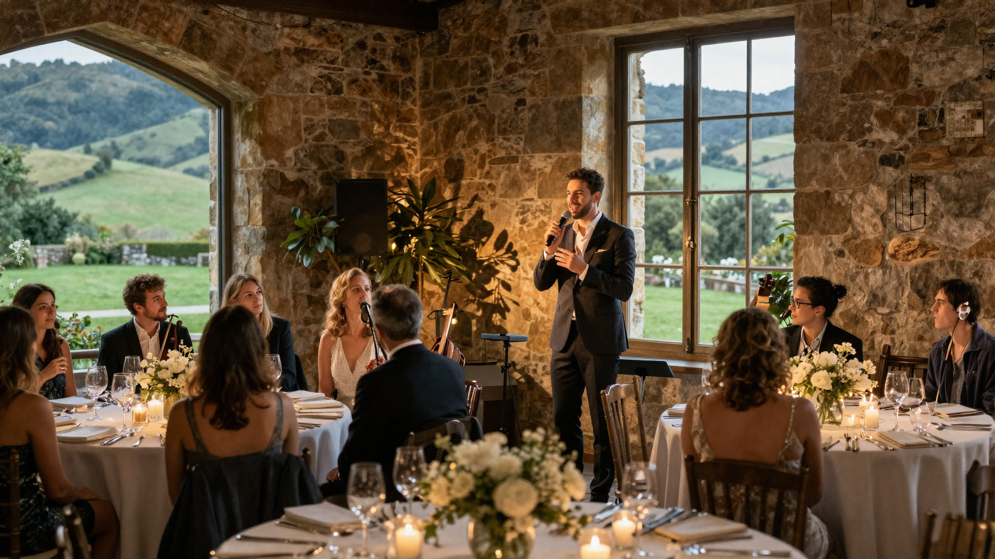 Cantante en directo en una boda elegante en una finca de Asturias al atardecer