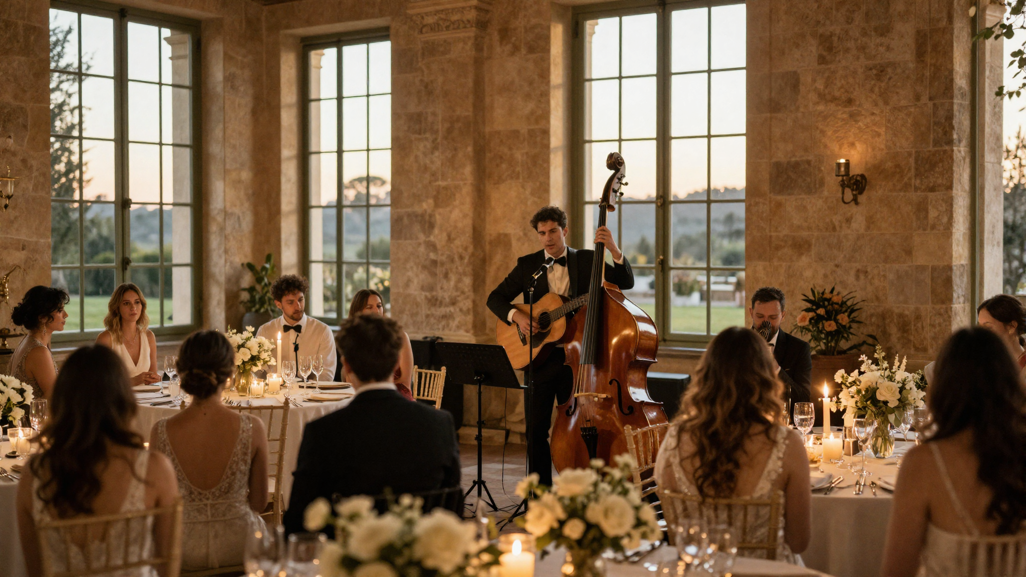 Trío de música en directo con cantante, guitarra y contrabajo en una boda elegante en el norte de España