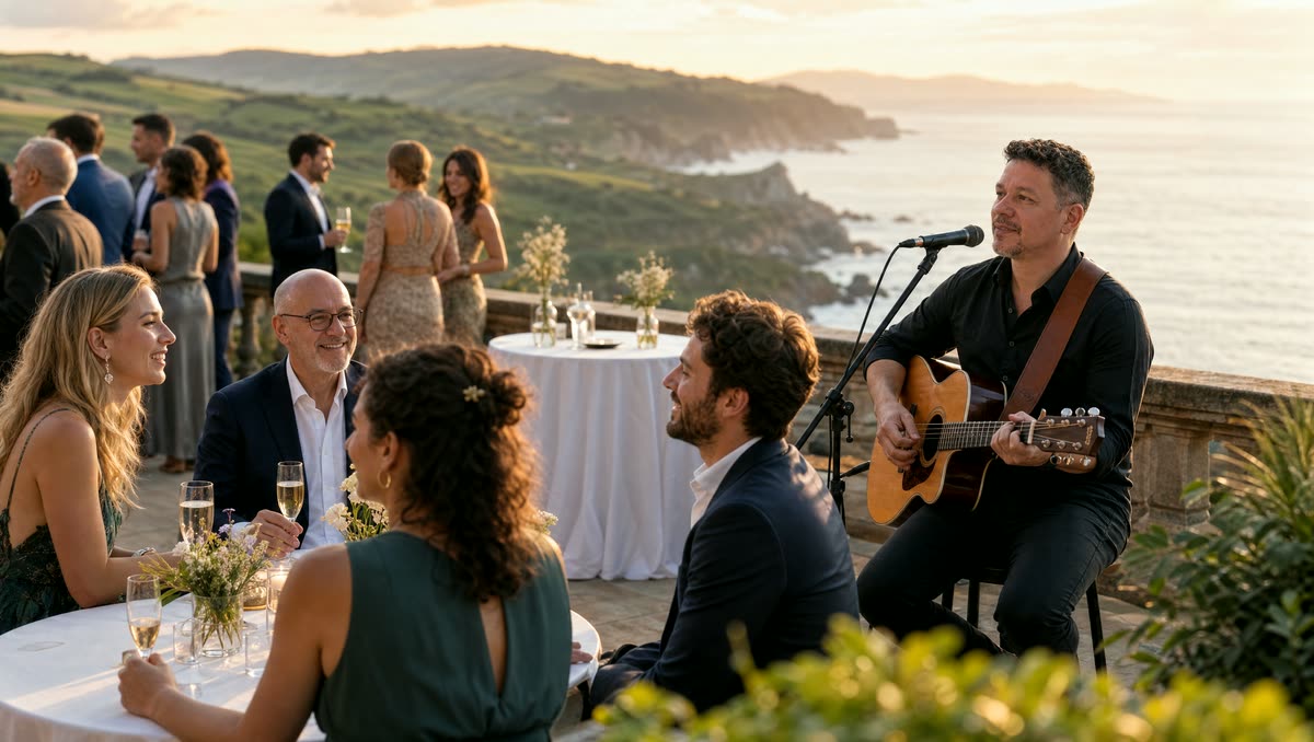 Auri Toledo cantando con guitarra en el cóctel de una boda al atardecer