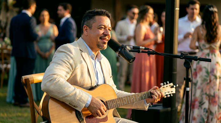 Auri Toledo tocando la guitarra en el cóctel de una boda al aire libre