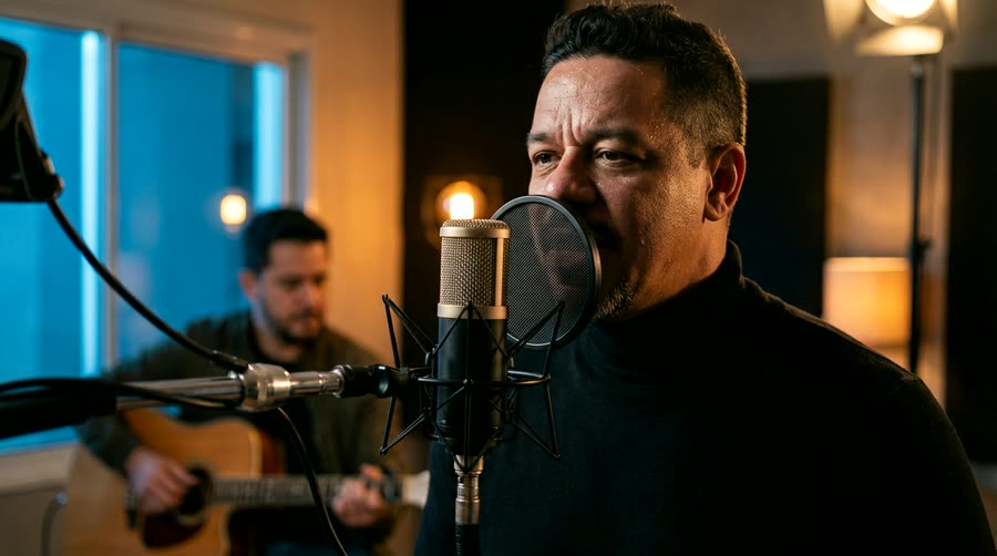 Auri Toledo componiendo y grabando en su estudio