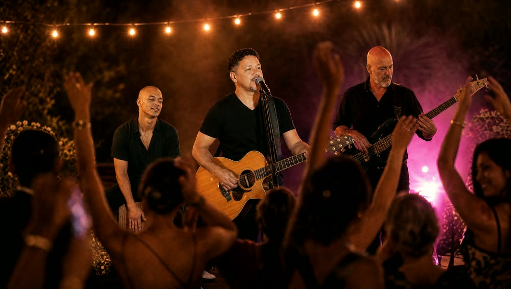 Trío acústico tocando en la fiesta de una boda con los invitados bailando