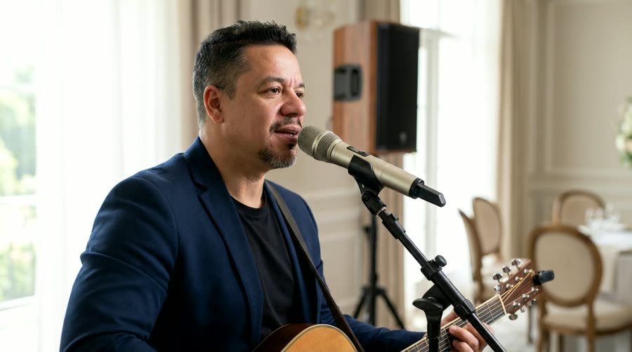 Auri Toledo cantando con guitarra en un directo al aire libre